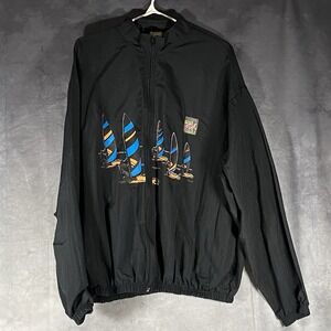 Surf Style Nylon Jacket Black Full Zip One Size Vintage 90s Sail Boat USA